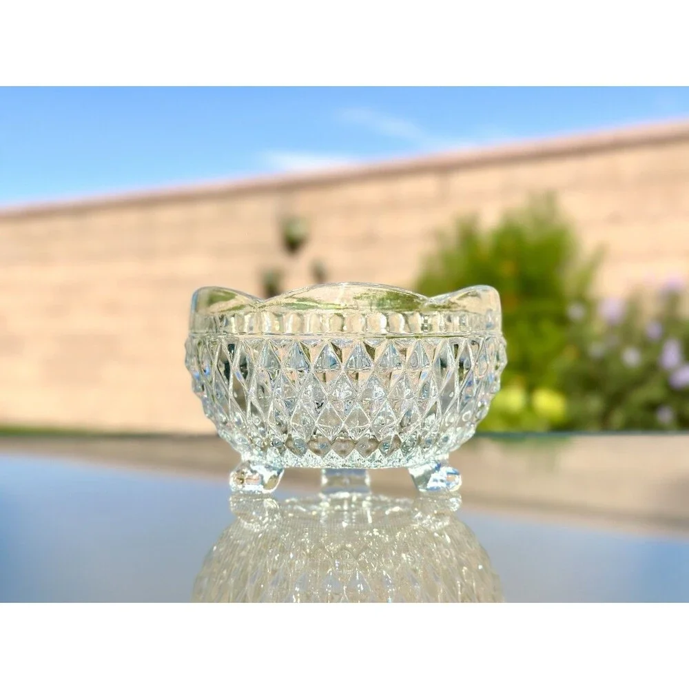 Vintage Indiana Glass Diamond Point Candy Dish 3‑Footed Clear Bowl 5